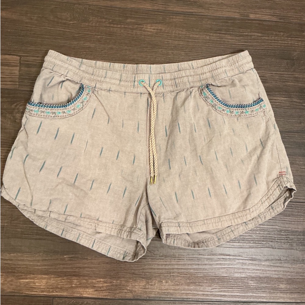 Toad&Co Shorts Tan Teal Organic Cotton Embroidered Drawstring Size M